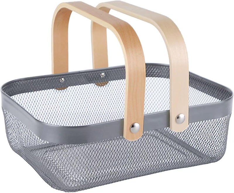 AJIODA Metal Mesh Steel Basket, Storage Organizer Basket Garden Harvest Basket Multi-functional Kitchen Fruit Baskets Bin with Wooden Handle for Bathroom Picnic Shopping Decor Cabinet Home, Grey - Image 1